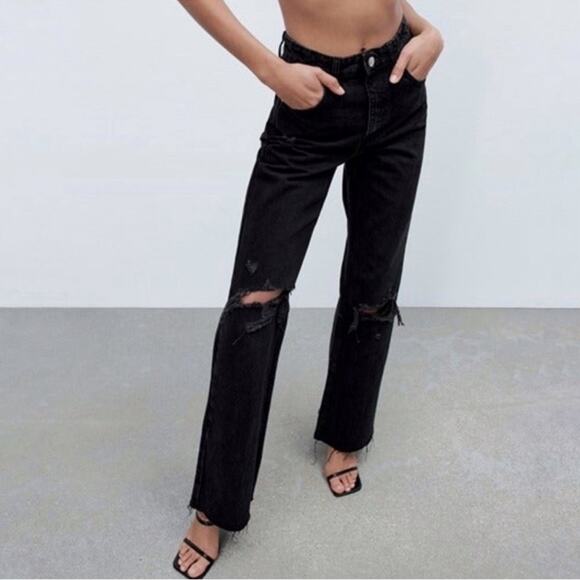 Zara Black Distressed High Rise Mom Jeans - Picture 9 of 9